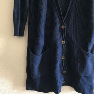 Long, navy button down cardigan